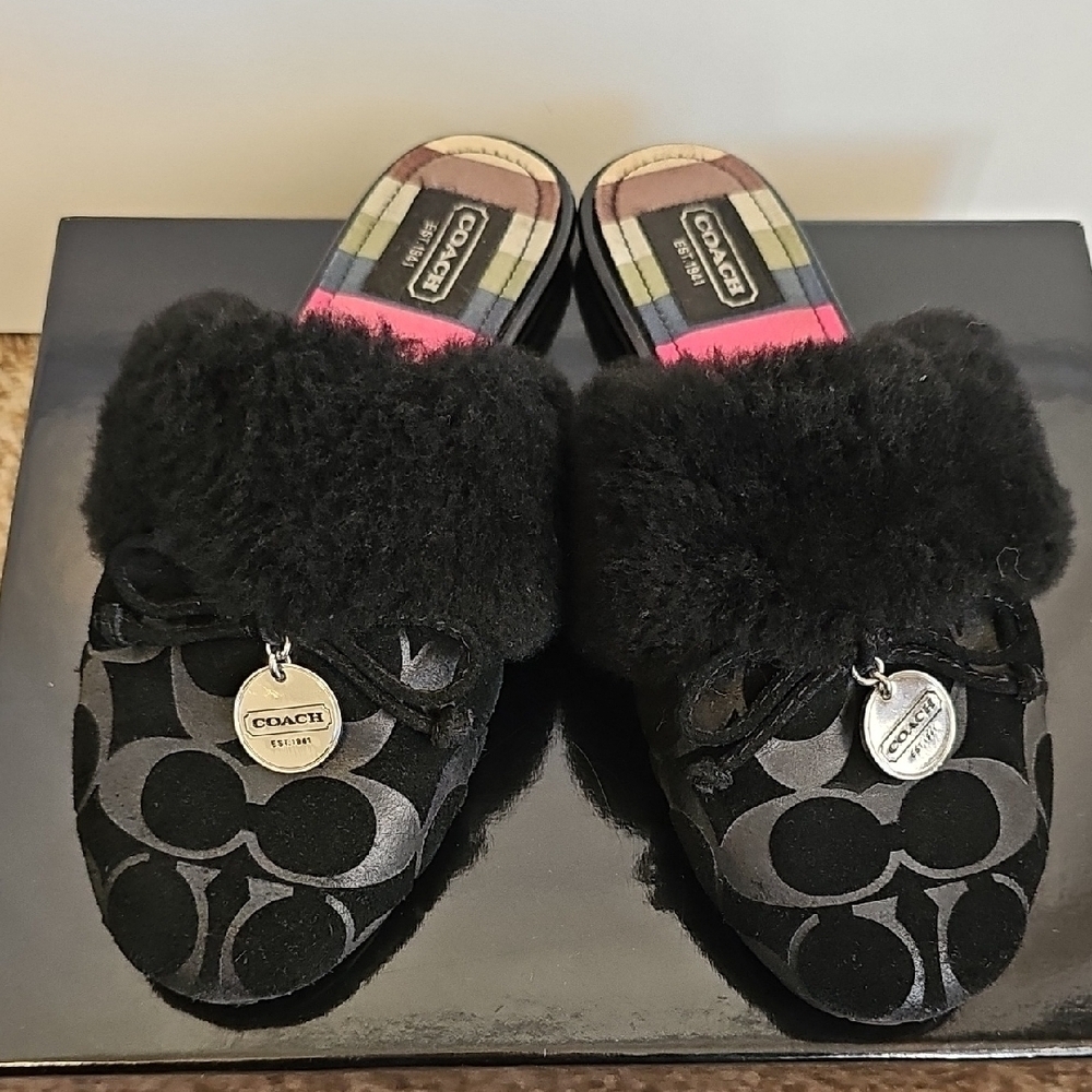 Coach Carra Signature C Size 7 Faux Fur Trim Slide Slippers Legacy Stripe - Picture 5 of 8